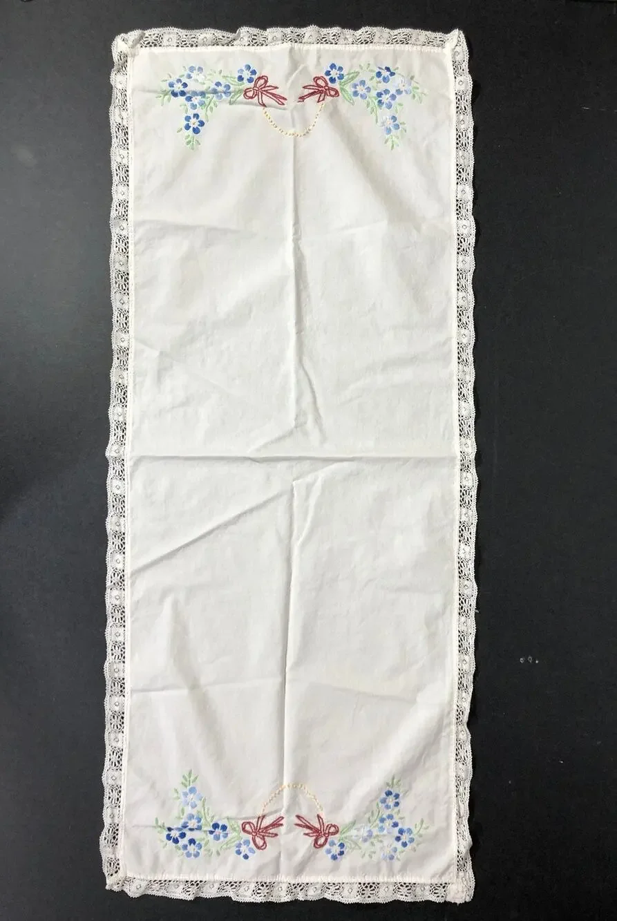 Vintage Small Table Runner with Bows and Flowers, Lace Edges 34” x 14” size